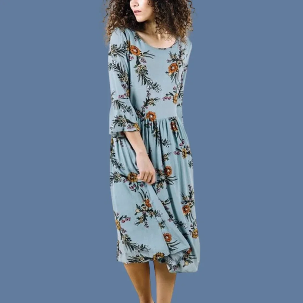 Women's Flounce 3/4 Sleeve Gathered Waist Crew Neck Floral Fit & Flare Dress L - Picture 2 of 6